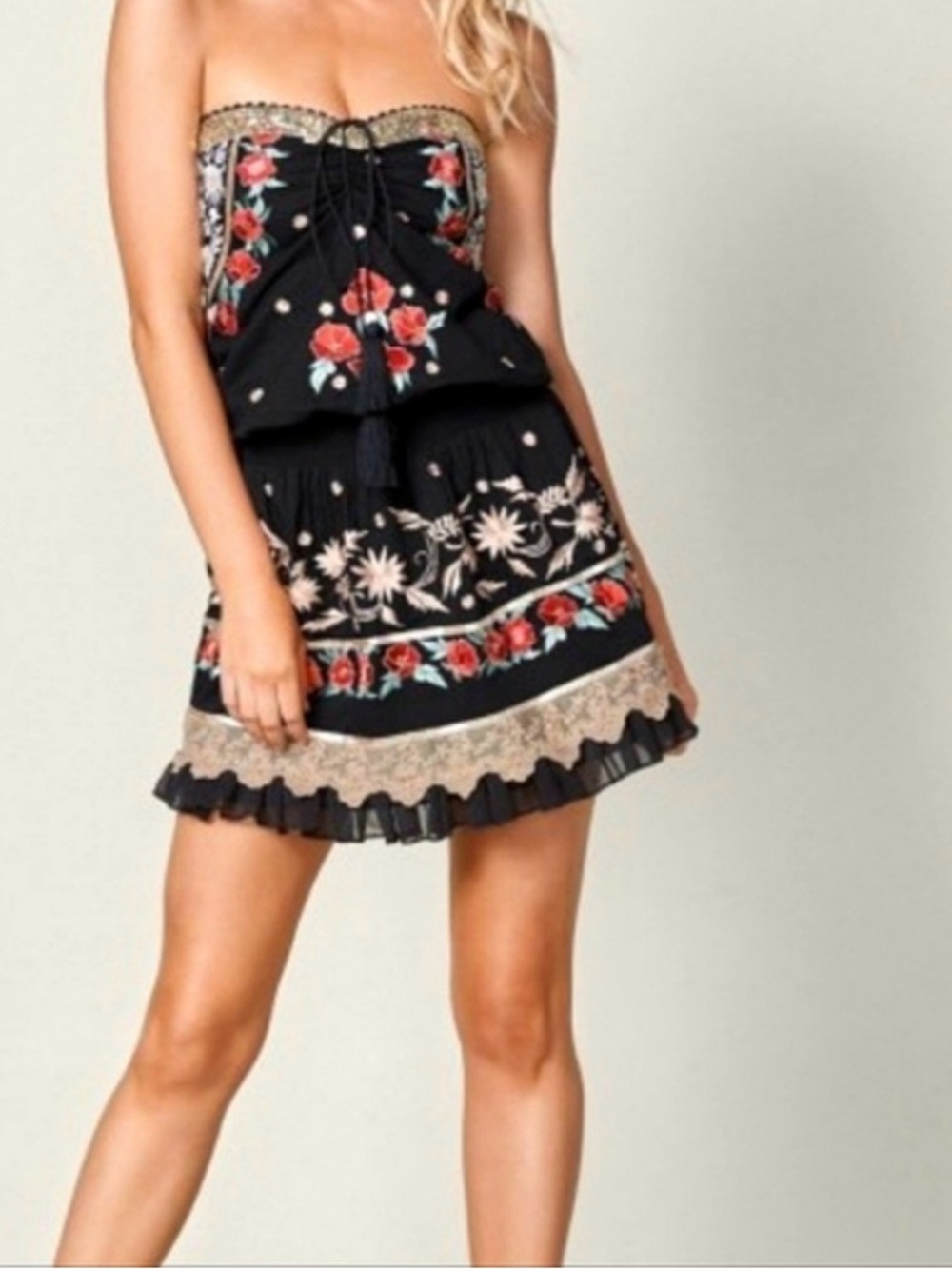 VENUS Black Smocked Strapless Dress with Embroidered Hem large 2018